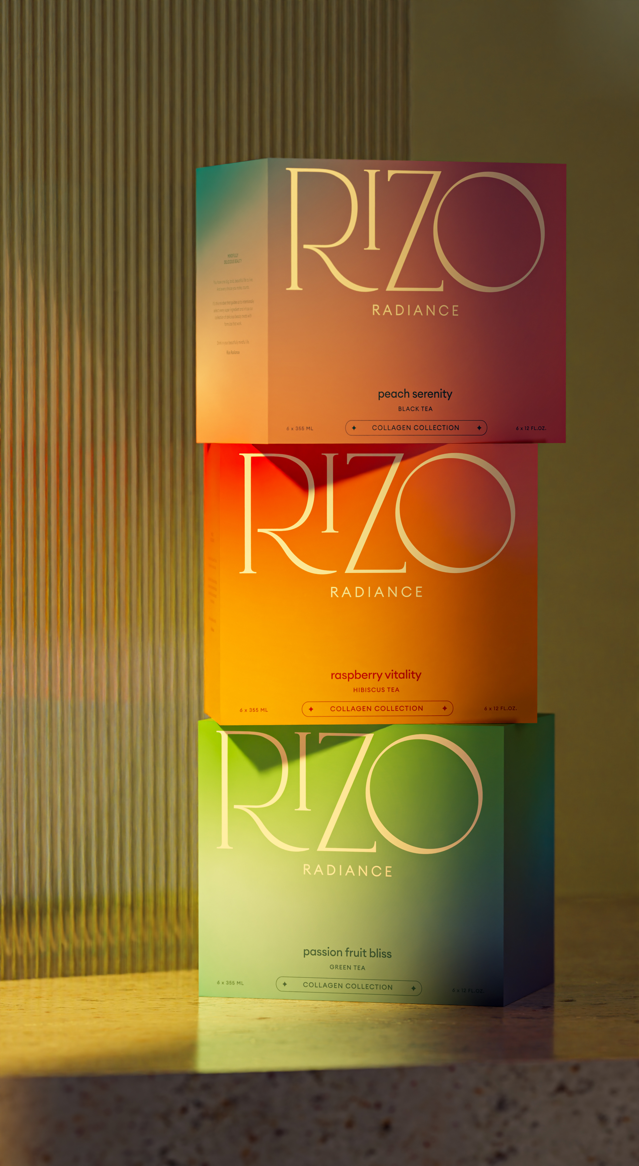 Boxes of Rizo Radiance, a drink company contributing to the scholarship fund at Springs Dance