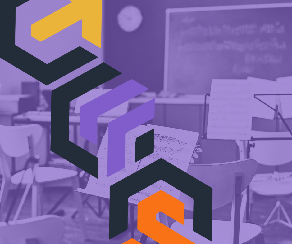 A music schools classroom with a purple overlay Compete Services logo