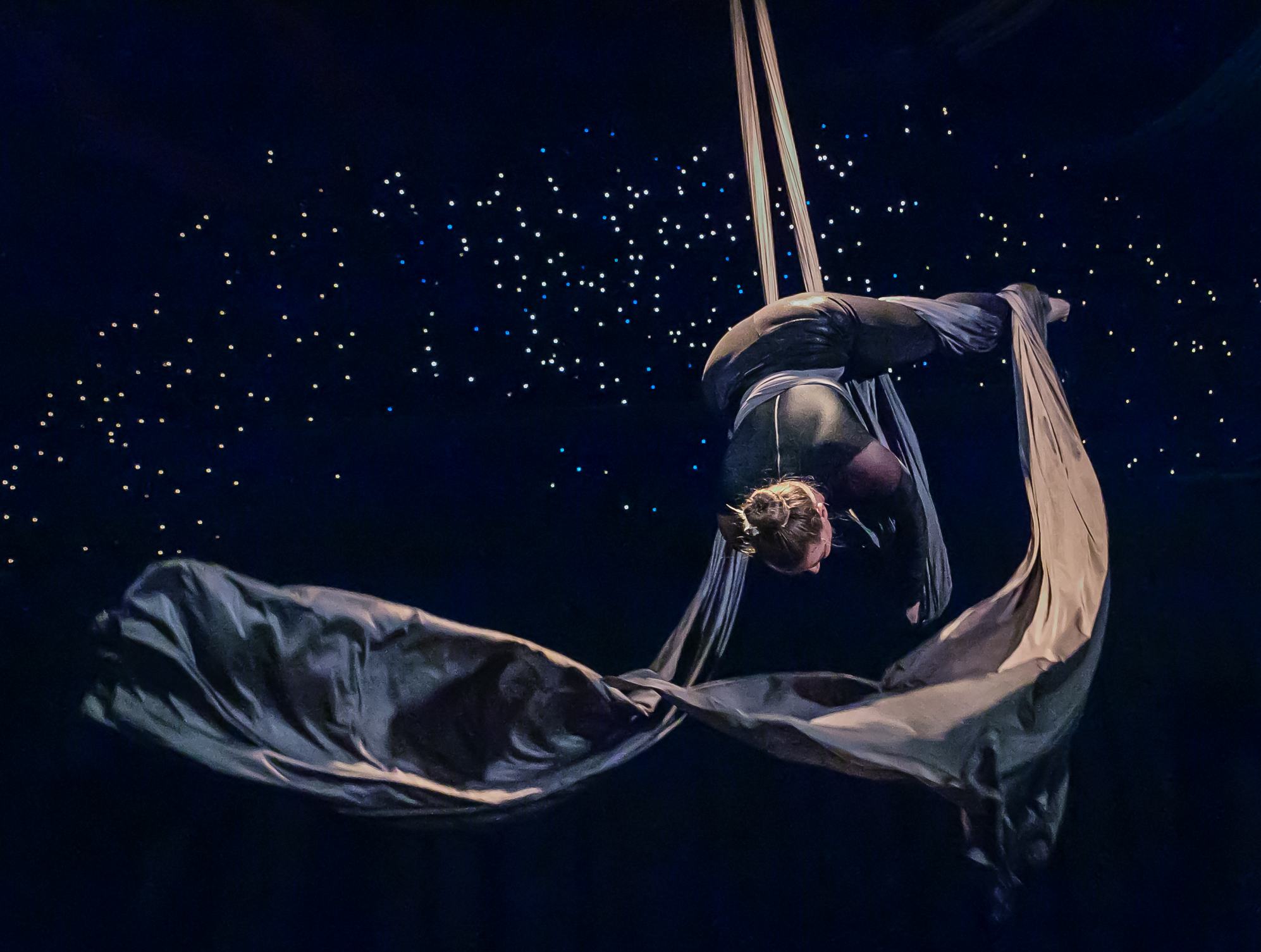 An advanced aerial silks performer performing in Colorado Springs