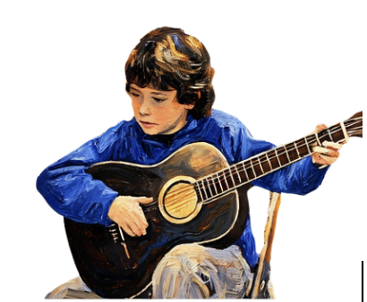 Young boy with a the correct sized guitar in hand 
