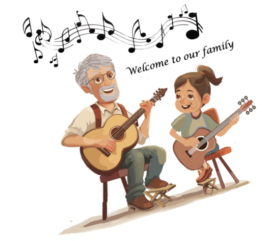 Cartoon image of an older male guitar teacher and young girl student.
